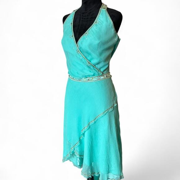 Laundry by Shelli Segal Silk Aqua Beaded Halter Dress Size 4 Bias Cut - Picture 2 of 8